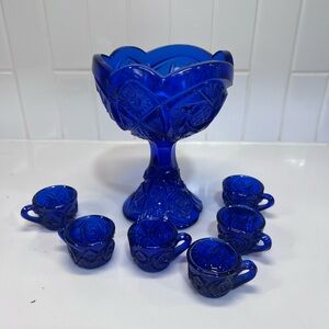 Vintage Child’s Punch Bowl And 6 Cups set  Colbalt Blue Glass